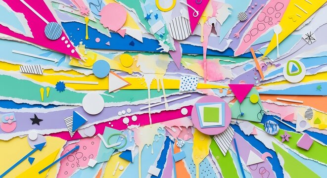 Explosion of torn paper strips in bright neon colors forming a dynamic abstract background with scattered geometric shapes and artistic splashes.