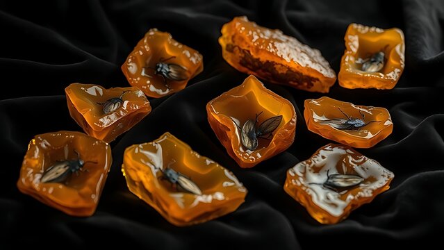 copal. Several raw amber copal resin pieces on black velvet with ancient inclusions. gardening catalogs, home-decor guides, designed for home decor and floral branding, used by video editors.