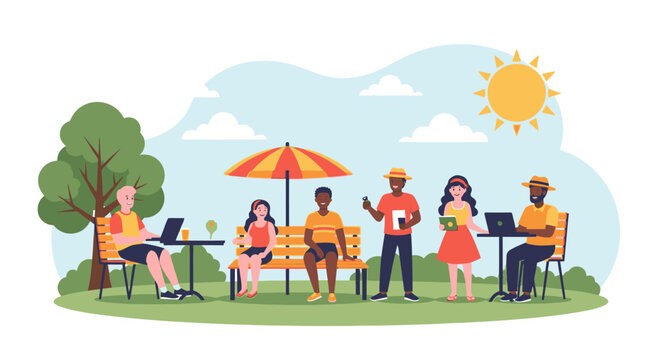 People are working and socializing outside on a sunny day in the park.