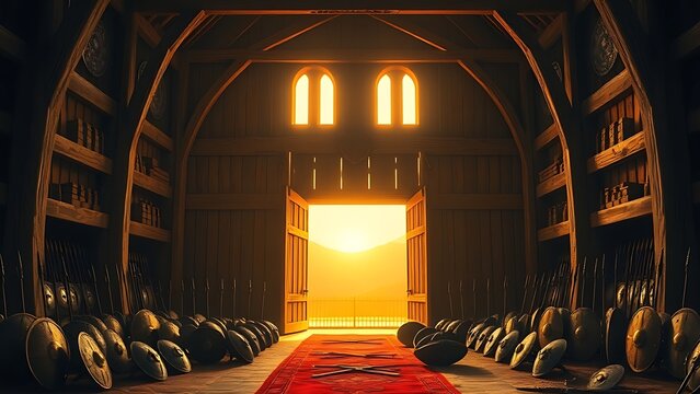 longhouse. A grand Viking longhouse with open oak doors and golden light on shields outside. real-estate listings, architecture portfolios, designed for interior renovation comparisons for interiors.