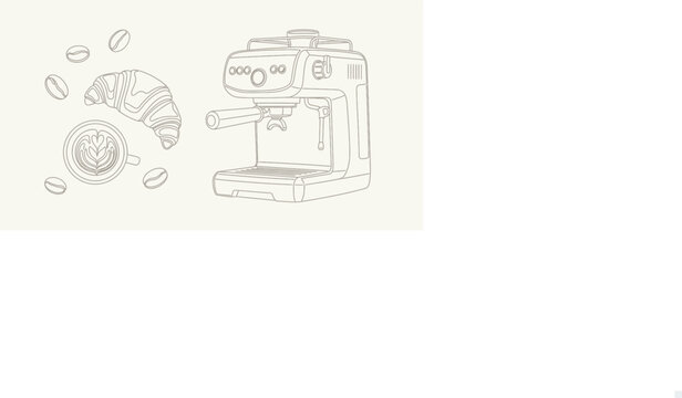 Coffee and Croissant Delight: A delightful illustration of a modern espresso machine, paired with a freshly baked croissant and scattered coffee beans, perfect for a cozy morning ritual.