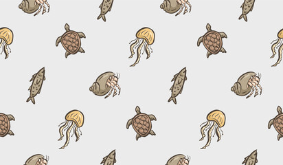 Ocean animals doodle background. Sea life pattern background. Marine creatures seamless pattern. Underwater animals hand drawn wallpaper containing turtle, jellyfish, fish, snail © Dean