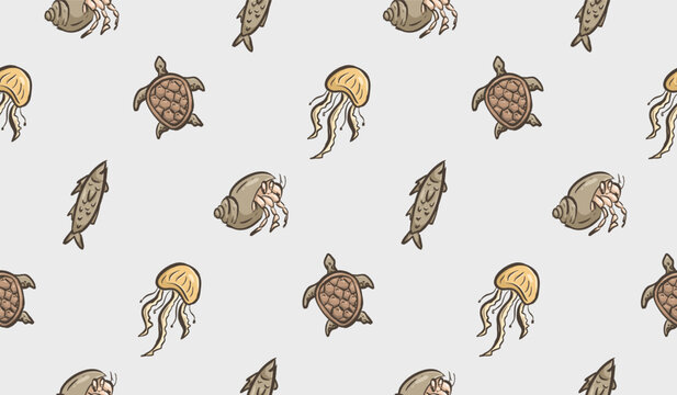 Ocean animals doodle background. Sea life pattern background. Marine creatures seamless pattern. Underwater animals hand drawn wallpaper containing turtle, jellyfish, fish, snail