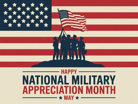 National military appreciation month vector illustration with soldiers raising us flag