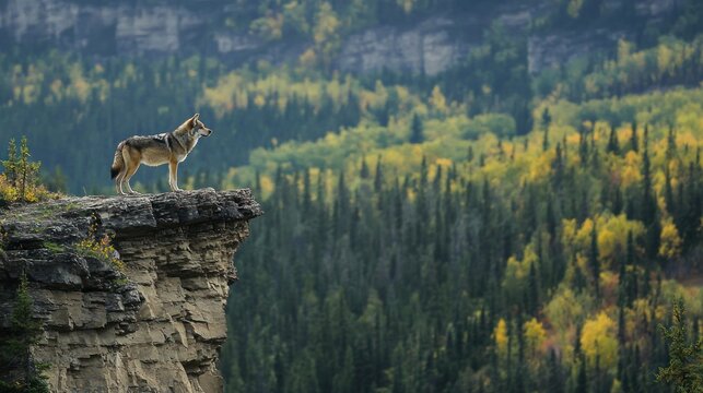 A lone wolf standing on a cliff overlooking a forested valley.