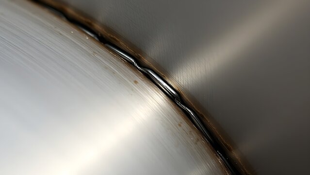 brazing. Extreme close-up detail of a smooth silver brazing seam between two steel surfaces. safety posters, maintenance manuals, designed for industrial assembly lines and welding operations.