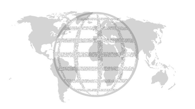 Digital world map design containing a rotating world icon in gray on a white background
