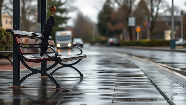 oganesson. An empty bus stop bench with a forgotten black umbrella on wet pavement under an overcast sky. mobility guides, transit brochures, designed for mobility and urban transit guides.
