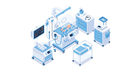 Fototapeta premium Pristine isometric medical scene showcases a newborn baby resting inside a high-tech incubator surrounded by advanced life support monitors and storage.