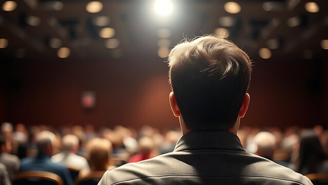 listener. A lone listener in an auditorium, attentively focused under a soft spotlight from above. wellbeing guides, coaching materials, designed for coaching and self-improvement content.