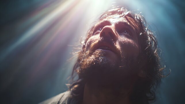 prompt Jesus healed and restored sight to the blind as the healed man slowly opens his eyes while surrounded by soft waves of glowing light spreading through the space around him, the environment redu