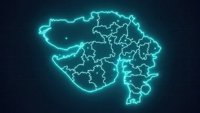 Glowing Cyan Gujarat Map on Dark Background &ndash; Modern Digital Art