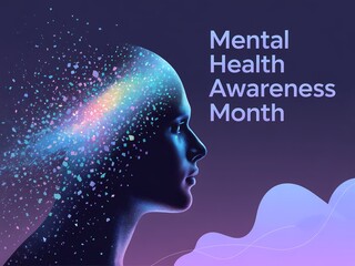 Obraz premium Mental health awareness month concept with human head silhouette and colorful particles