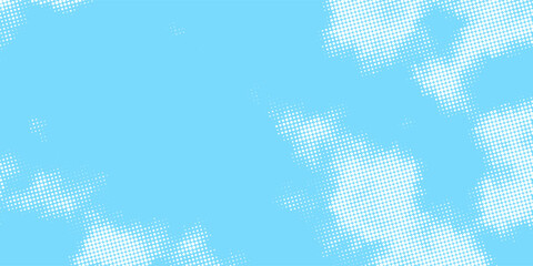 Halftone cloud background. White dotted clouds in blue sky. Comic pop art heaven wallpaper for banner, brochure, collage, poster, leaflet. Rasterized smoke, smog or fog texture. Vector illustration © moh