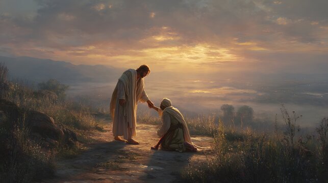 prompt Jesus healed and restored sight to the blind as the blind man kneels in prayerful posture while Jesus reaches down to restore his sight, the environment set along an open valley path with early
