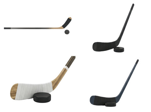 Collection of four isolated ice hockey sticks with pucks, featuring varied designs for sports, winter games, competition, and training.