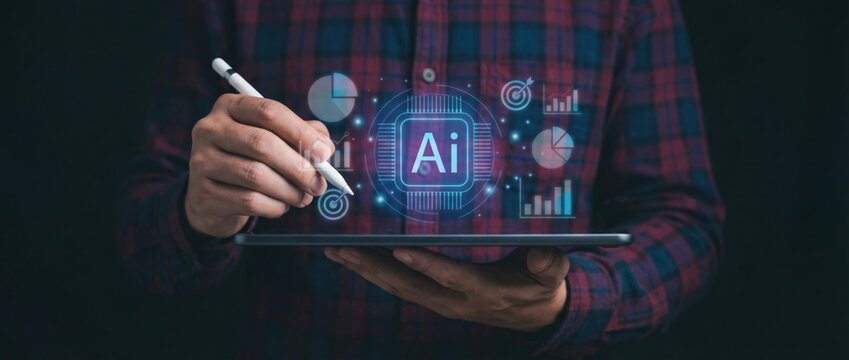 Exploring ai innovations in business analytics modern office setting digital illustration futuristic environment close-up view technology advancement
