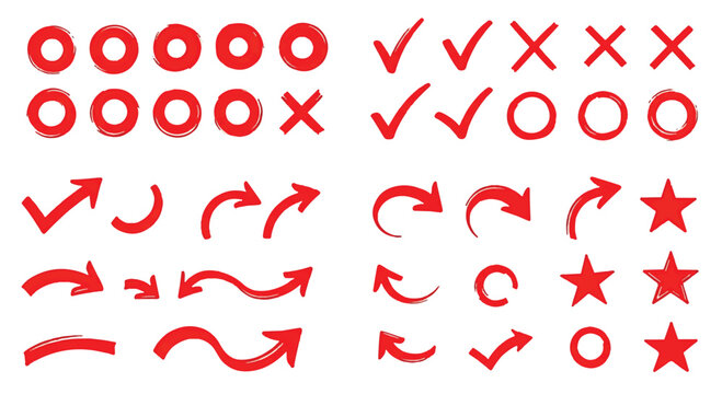 Set of various symbols and icons in red color on white background with symbolism