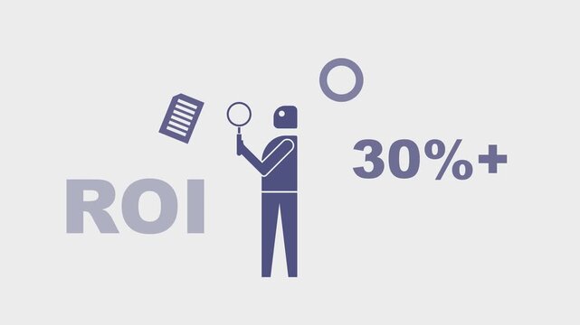 Checking Ads (Advertisement) Business Data and Calculating ROI (Return On Investment) - 30%+ ROI - Business concept - minimal motion graphics clip, Arial Heavy Font