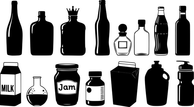 Collection of various shaped black bottle silhouettes, representing different types of liquid containers and beverage, isolated on white background
