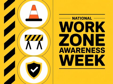 National work zone awareness week banner with traffic cone, barrier, and safety shield icons on a yellow background