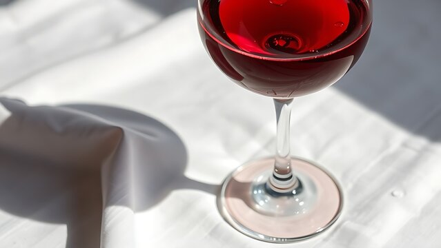 ontology. A glass of deep ruby red wine on white linen with water droplets. bar promotions, beverage menus, designed for food & beverage menus and cafe branding, used by web designers.