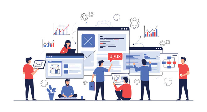 A diverse team of creative designers works collaboratively on large floating website wireframes and colorful analytical data charts in a clean workspace.