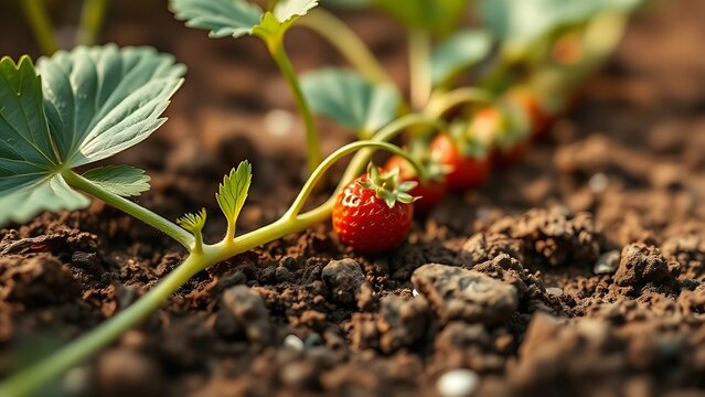 stolon. Close-up of a strawberry plant's stolon creeping across soil in morning light. gardening catalogs, home-decor guides, designed for gardening and botanical catalogs, enhances decor appeal.