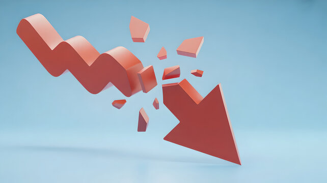 3D Shattered Red Downward Arrow Symbolizing Stock Market Crash and Financial Collapse