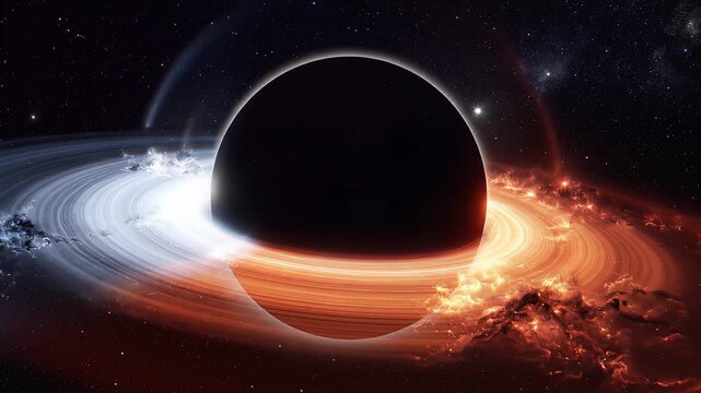 Majestic Black Hole with Glowing Fire and Ice Accretion Disk in Deep Space Background Science Scene