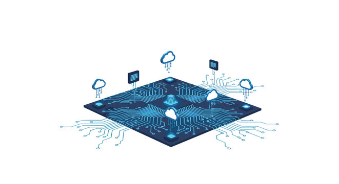 Vibrant blue light pulses through a complex dark circuit board featuring multiple cloud computing symbols and glowing data transfer pathways on a white base.