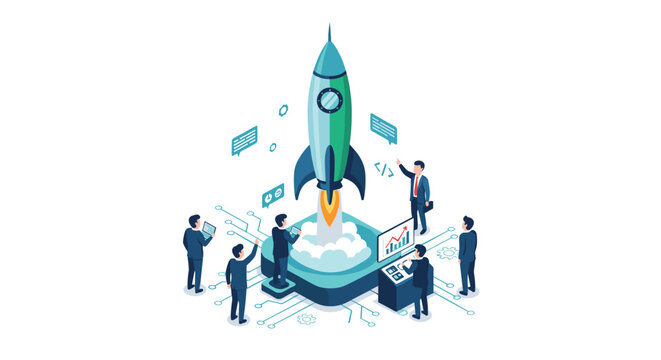 Meticulous business experts monitor a powerful rocket launch from a high-tech platform featuring intricate circuit patterns and advanced data control screens.
