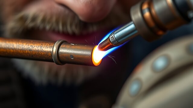 brazing. A craftsman brazing two copper pipes with molten solder under a torch flame. safety posters, maintenance manuals, designed for precision metalworking and fabrication facilities.