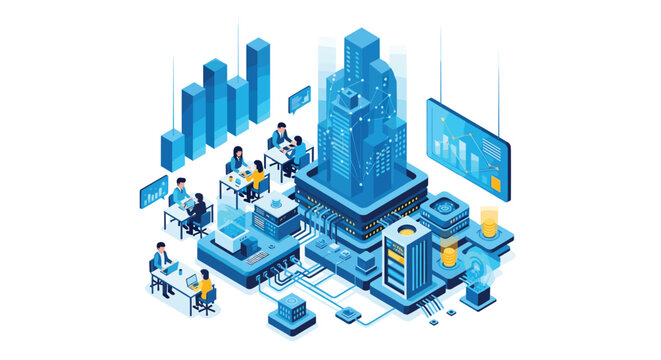 Meticulous isometric scene features a central glowing server building connected to various professional workstations where people analyze complex digital data and financial charts.