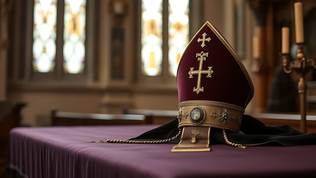 mitre. A bishop's ceremonial hat resting on dark velvet cloth, gemstones gleaming. event programs, museum guides, designed for cultural heritage projects and event programs, supports education.