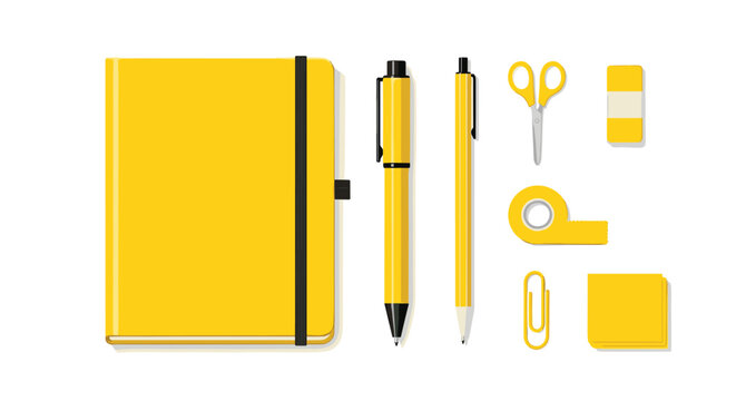 A minimalist yellow stationery set featuring a textured notebook and sleek professional writing instruments is neatly arranged on a bright white surface.