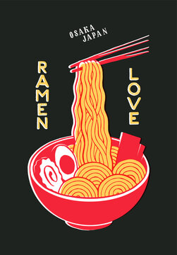 Ramen Love &ndash; Chopsticks Holding Noodles Over Bowl, Vintage Typography T-Shirt Print Vector Illustration