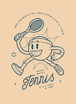 Tennis Sun Character Smiling Before Forehand Shot &ndash; Vintage Typography T-Shirt Print Vector Illustration