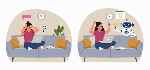 Obraz premium Woman solving problem with artificial intelligence assistant, AI helping with idea and productivity, before and after concept. Flat style cartoon vector illustration.