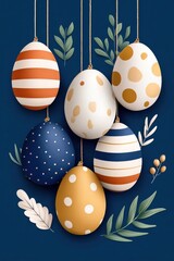 Fototapeta premium Hand-drawn Easter eggs hanging on strings against a navy blue background with leaves