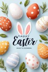 Fototapeta premium Happy Easter banner with hand-drawn eggs, bunny ears and spring leaves on pastel background