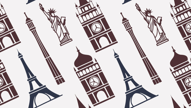 Black and white repeating pattern featuring global landmarks like the Statue of Liberty and Big Ben.