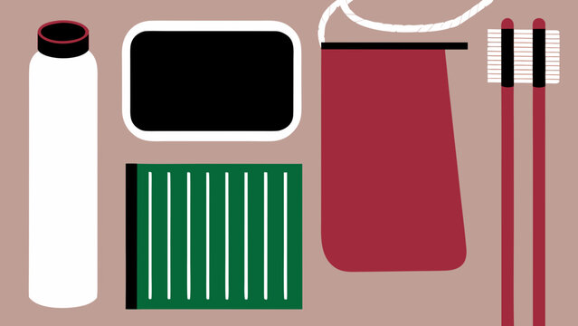Flat design icons of a toothpaste tube, soap, and red apron with striped towel.
