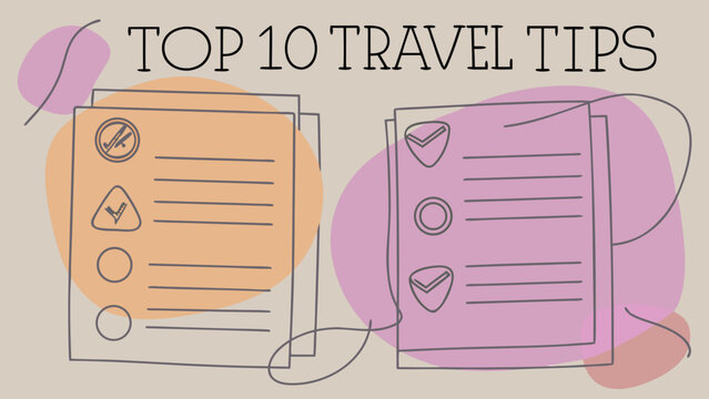 Top 10 travel tips checklist with handwritten notes and decorative doodles in soft colors.