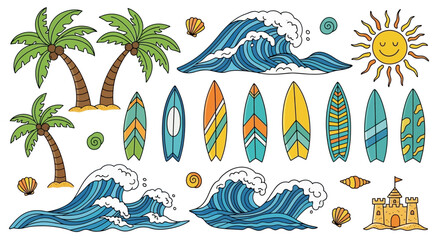 Obraz premium Summer Beach Vibes: Palm Trees, Surfboards, Waves, Sun, and Sandcastle - Vector Illustration