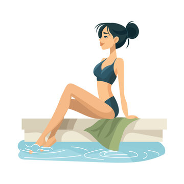 A young woman relaxes by the pool with her feet in the water. Summer vacation. A woman in a swimsuit enjoys a spa treatment or a resort vacation. Flat vector illustration.