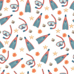 Seamless pattern snorkeling with mask fins and seashells vector illustration, summer beach underwater theme repeating background for textile and wallpaper design © Universe Mary