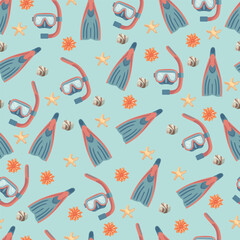 Seamless pattern snorkeling with mask fins and seashells vector illustration, summer beach underwater theme repeating background for textile and wallpaper design © Universe Mary
