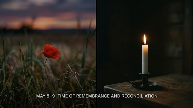 A serene landscape with a poppy in a field and a lit candle on a table for remembrance and reconciliation