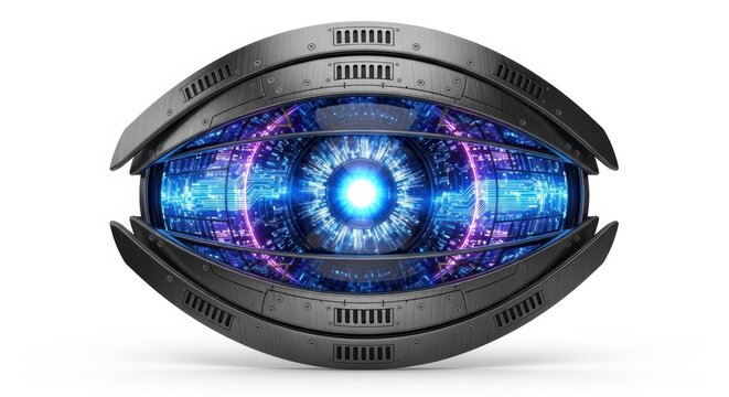 A futuristic metallic eye with glowing blue and purple circuits isolated on white background for scifi concepts